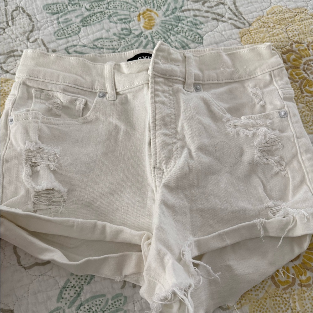 Express Cream Distressed Jean Shorts